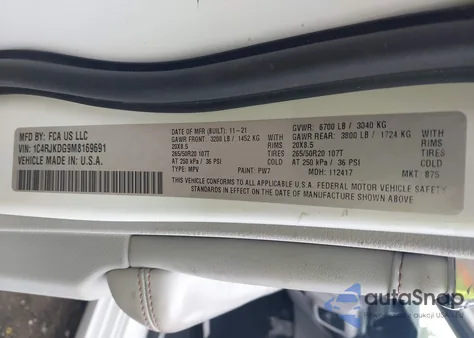 2021 Jeep Grand Cherokee L Overland 4X4 z USA, uszkodzony, nr VIN 1C4RJKDG9M8169691